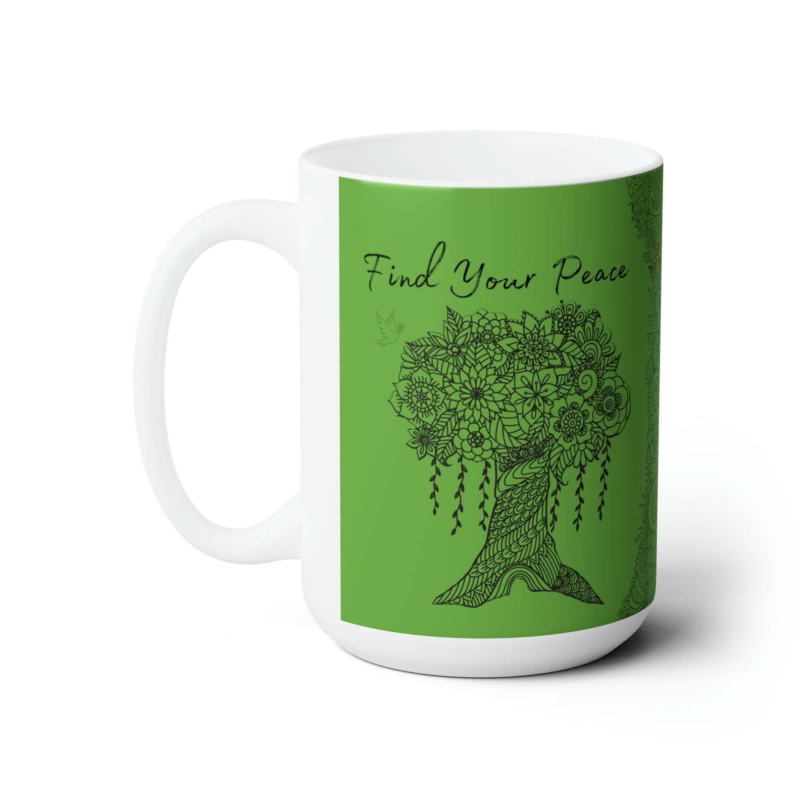 Find your Peace mandala tree green background **Ceramic Mug 15oz