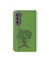 Phone Flip faux leather case with pockets and card storage. Peace Tree Mandala design-Green