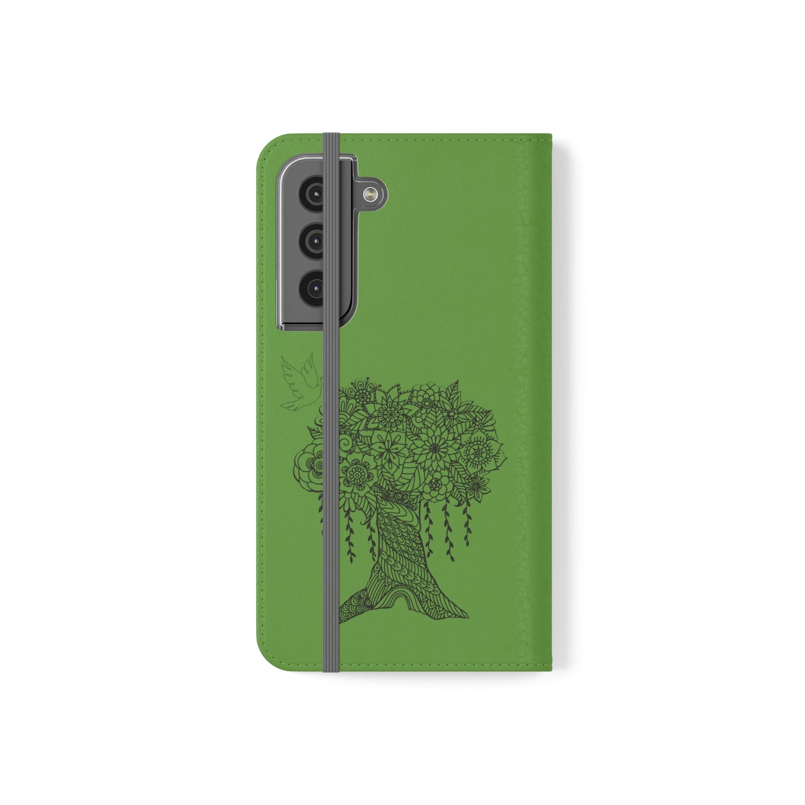 Phone Flip faux leather case with pockets and card storage. Peace Tree Mandala design-Green