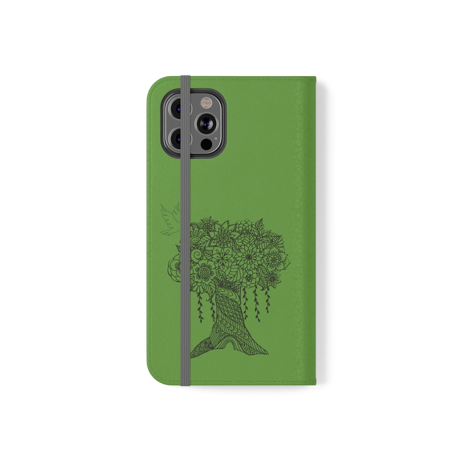 Phone Flip faux leather case with pockets and card storage. Peace Tree Mandala design-Green