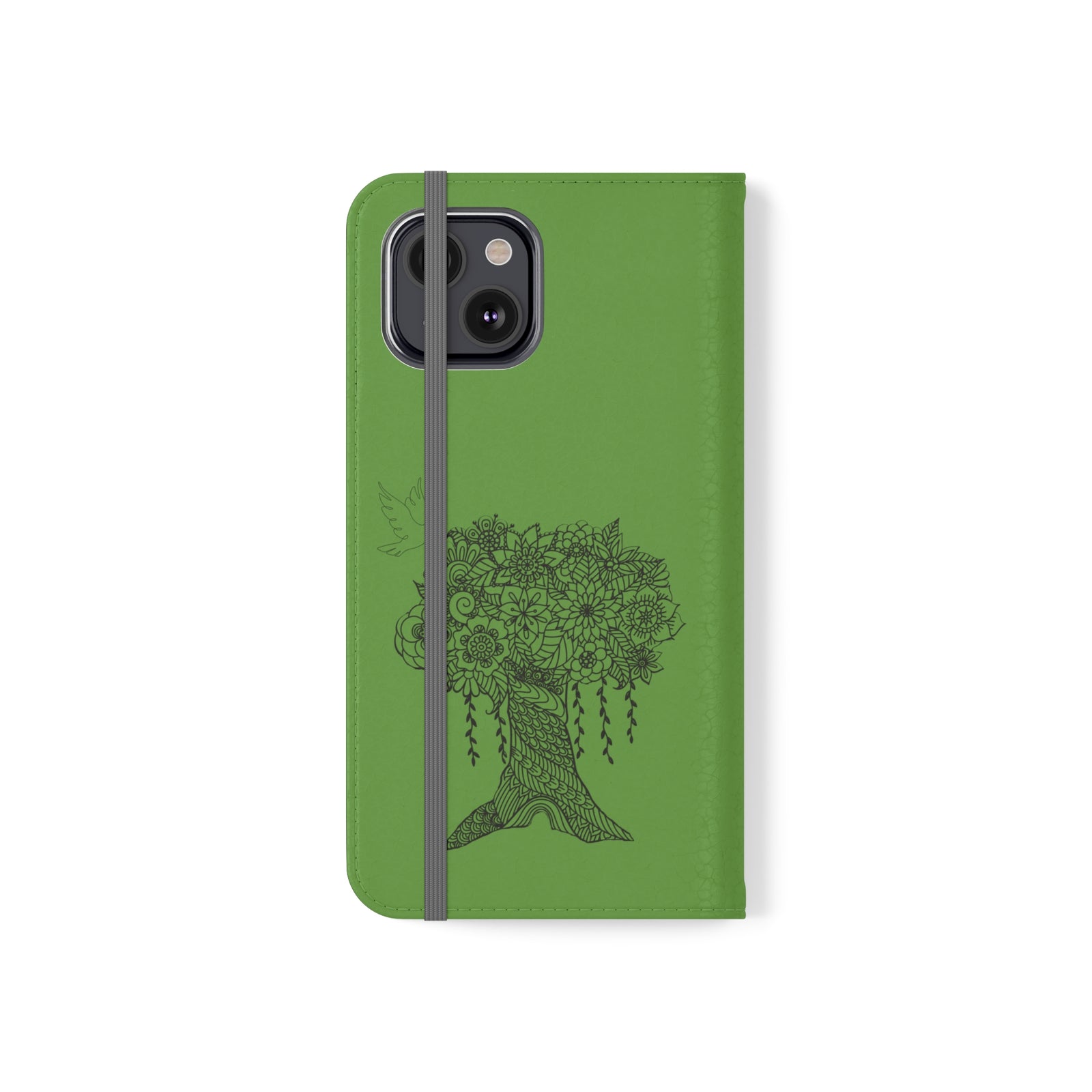 Phone Flip faux leather case with pockets and card storage. Peace Tree Mandala design-Green