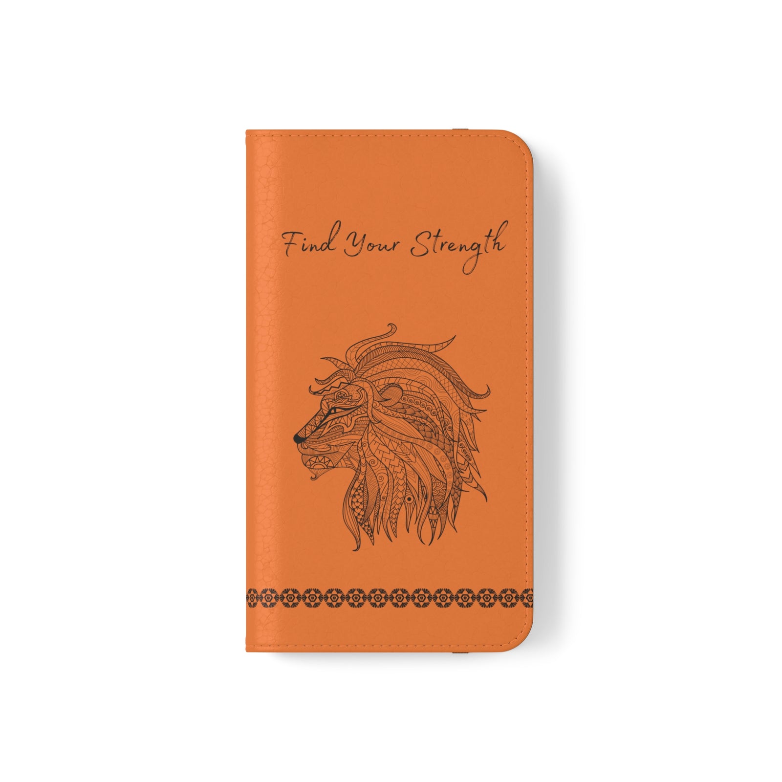 Phone Flip faux leather case with pockets and card storage. Strength lion Mandala design-orange