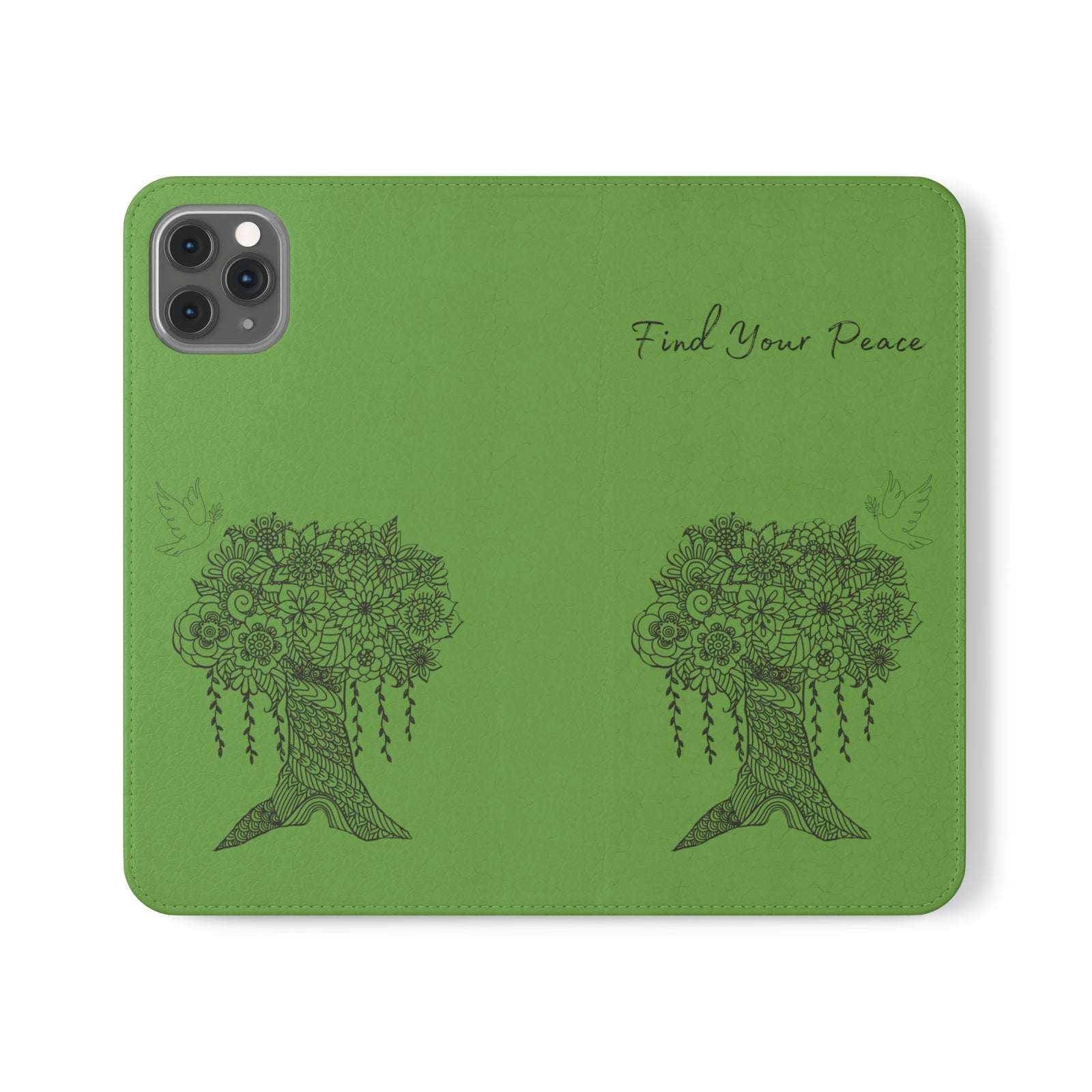 Phone Flip faux leather case with pockets and card storage. Peace Tree Mandala design-Green