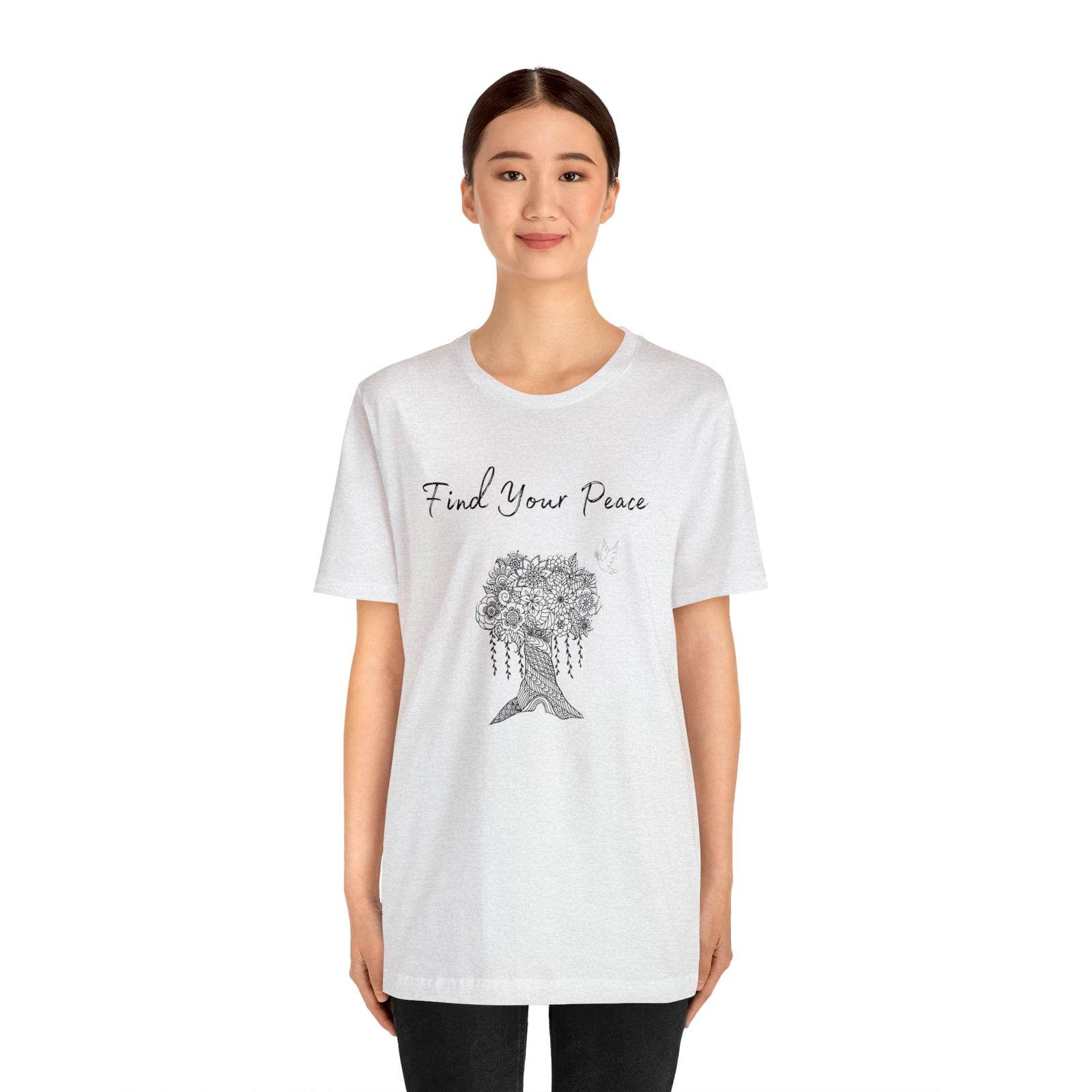 Find Your Peace mandala tree- with dove  Unisex Jersey Short Sleeve Tee- 15 colors