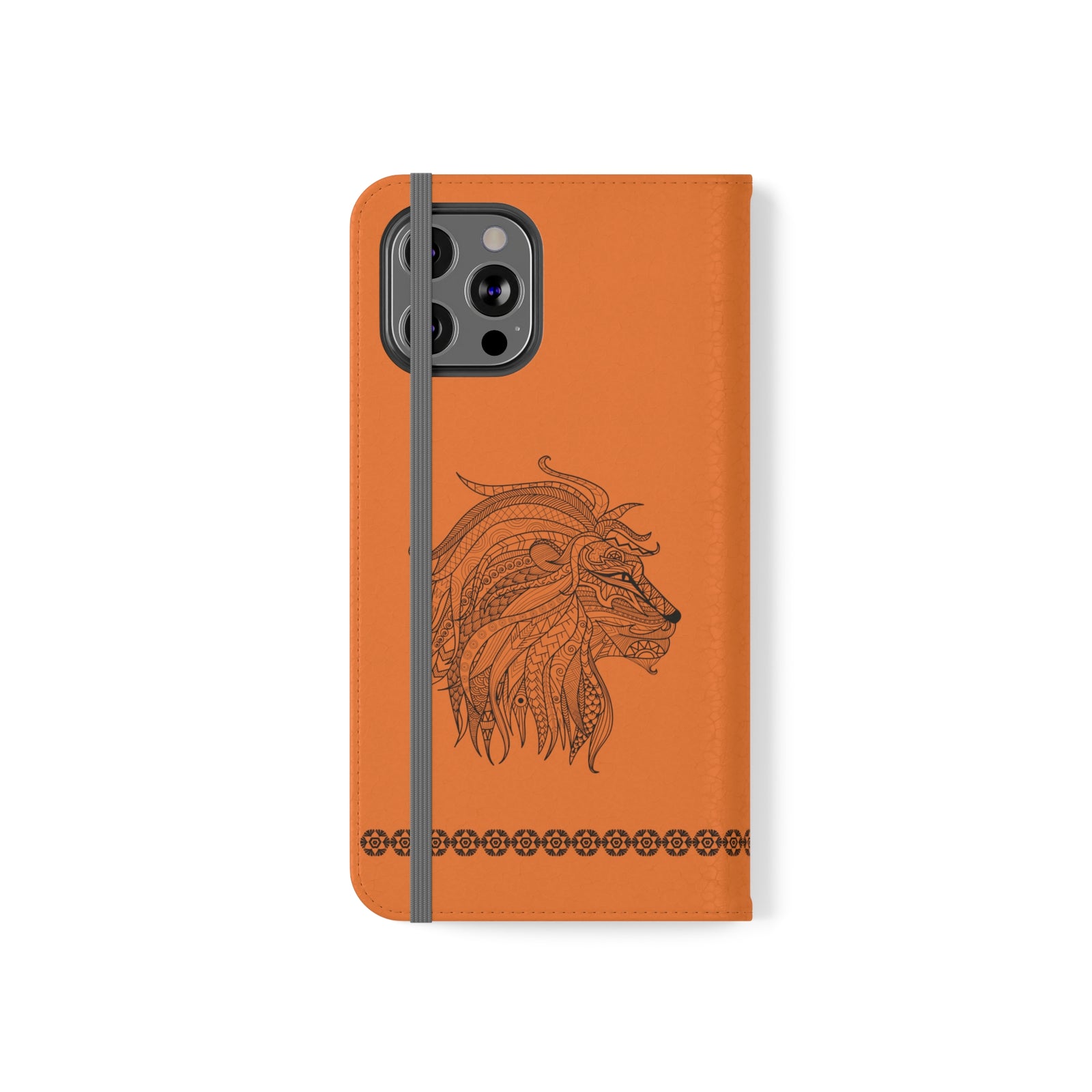 Phone Flip faux leather case with pockets and card storage. Strength lion Mandala design-orange