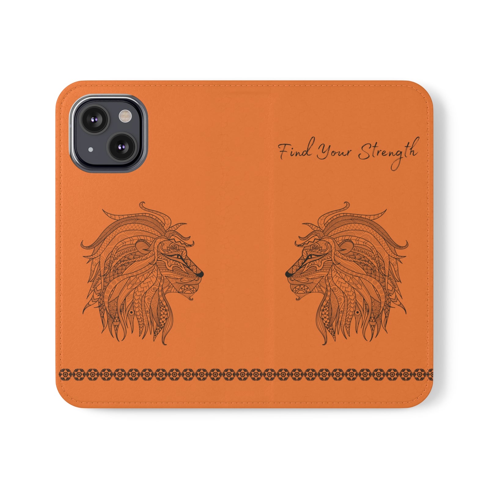 Phone Flip faux leather case with pockets and card storage. Strength lion Mandala design-orange