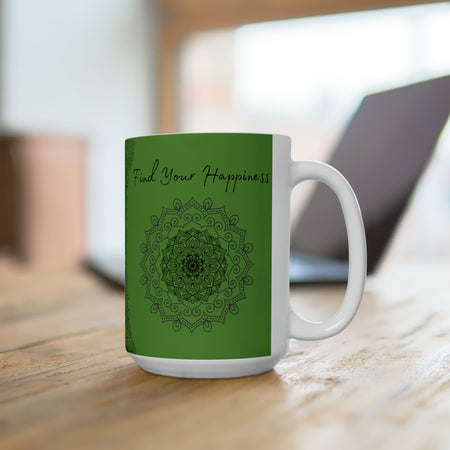 Find your Happiness mandala Green background **Ceramic Mug 15oz