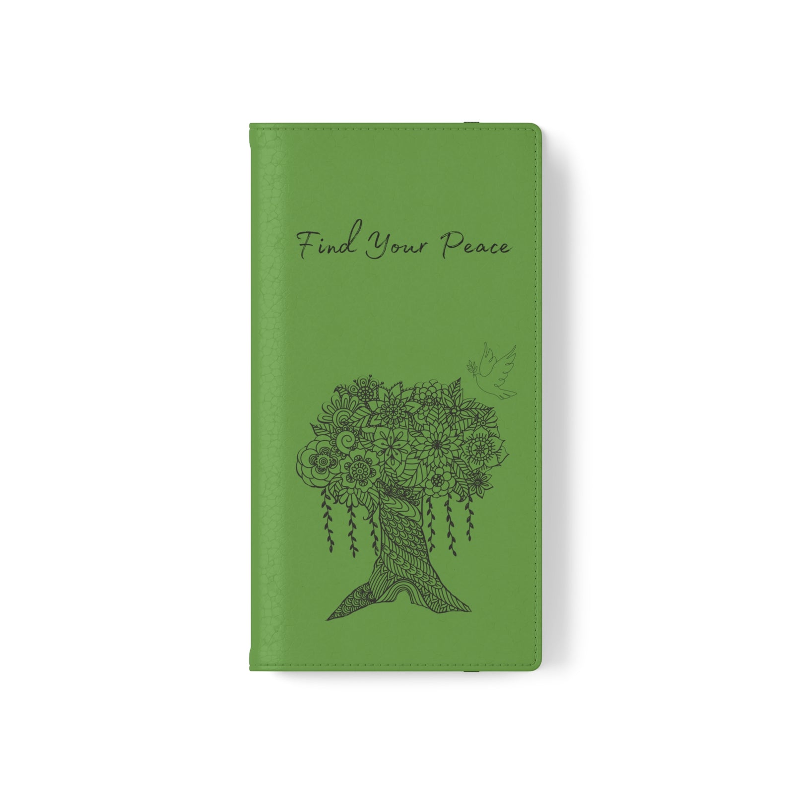 Phone Flip faux leather case with pockets and card storage. Peace Tree Mandala design-Green