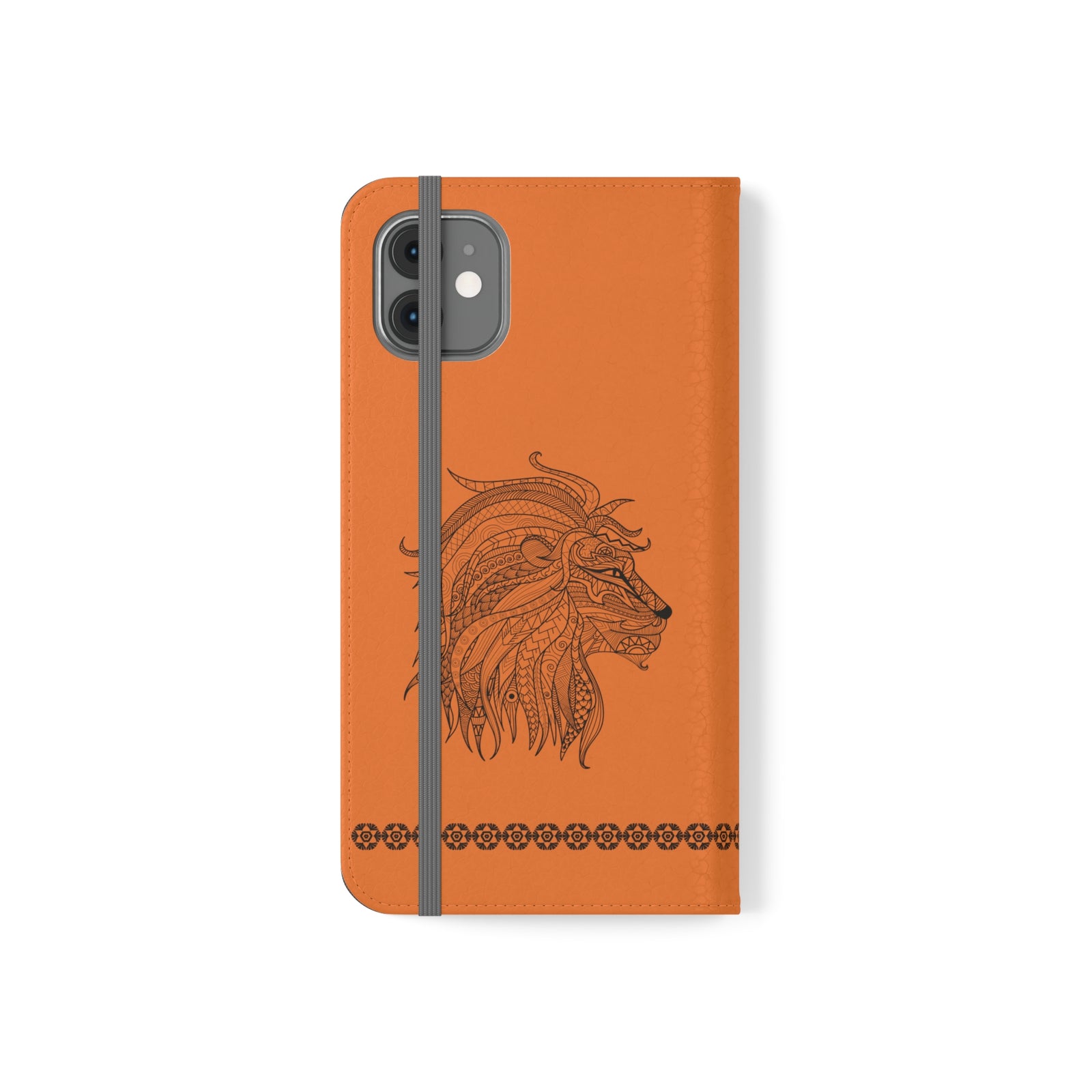 Phone Flip faux leather case with pockets and card storage. Strength lion Mandala design-orange