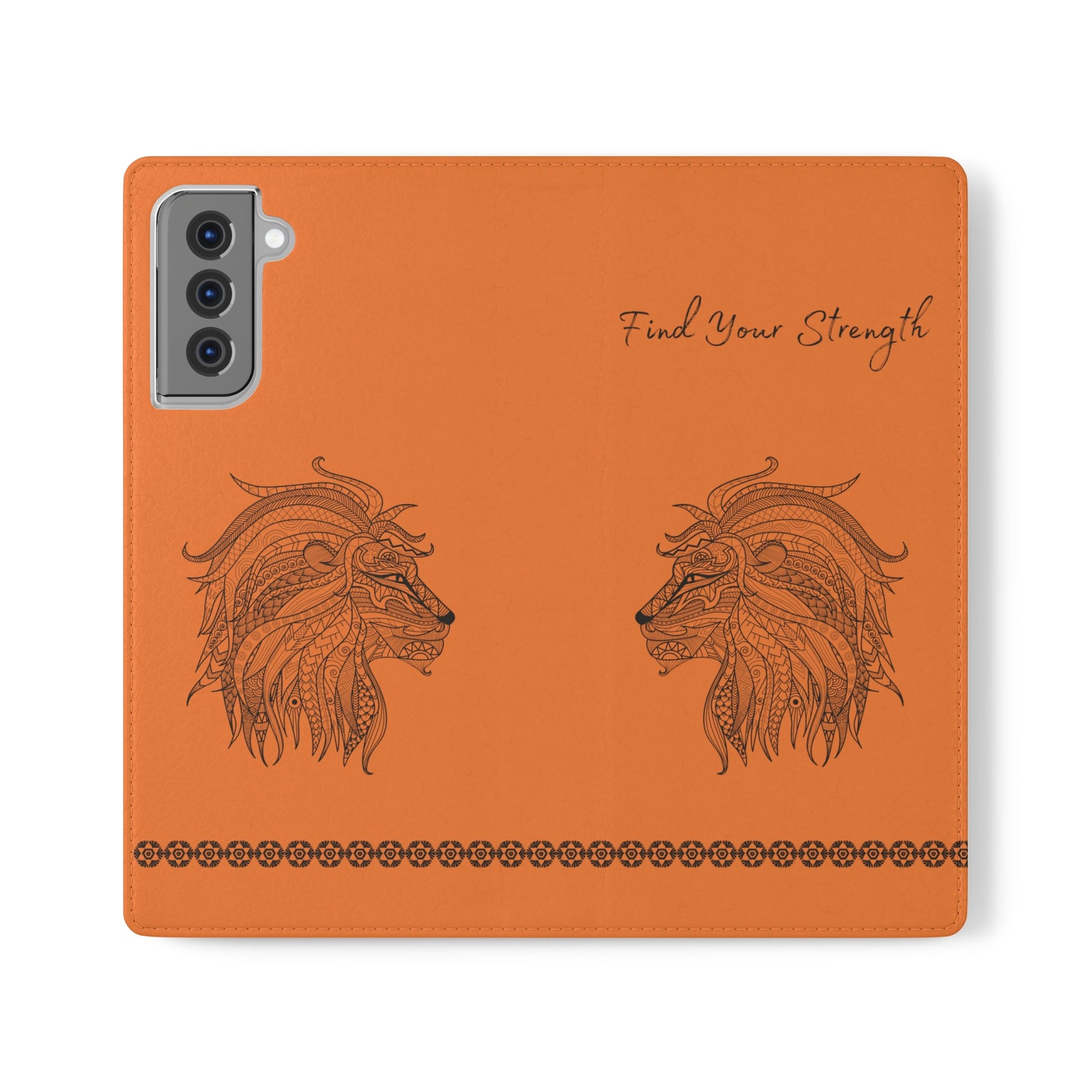 Phone Flip faux leather case with pockets and card storage. Strength lion Mandala design-orange