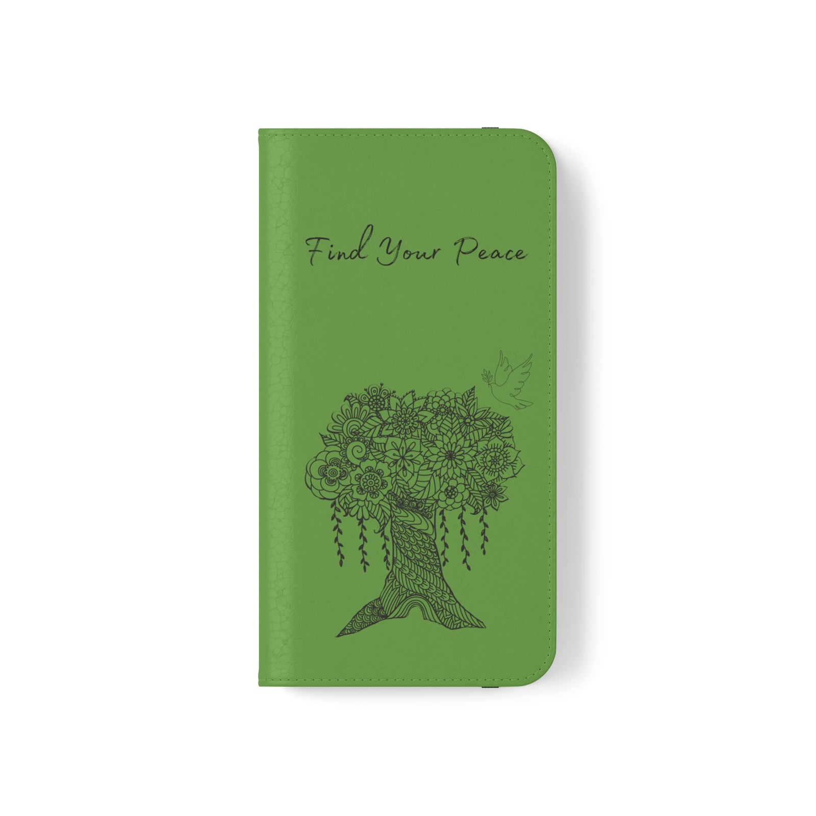 Phone Flip faux leather case with pockets and card storage. Peace Tree Mandala design-Green