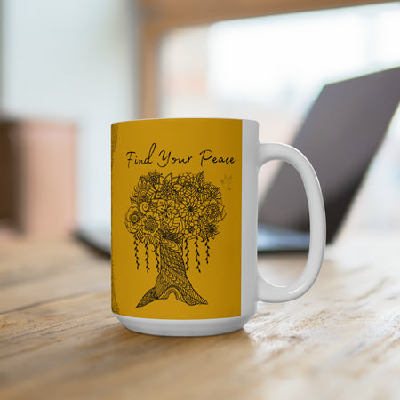 Find your Peace mandala tree yellow background **Ceramic Mug 15oz