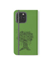 Phone Flip faux leather case with pockets and card storage. Peace Tree Mandala design-Green