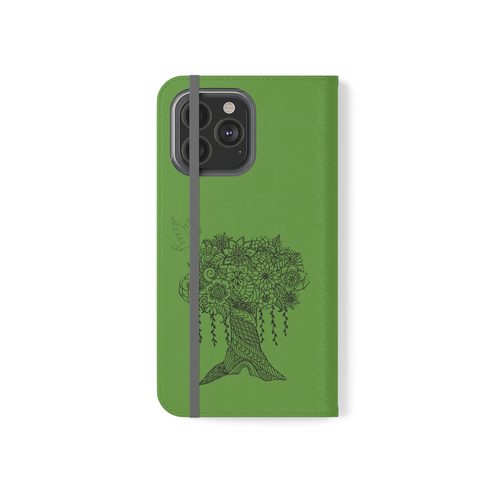 Phone Flip faux leather case with pockets and card storage. Peace Tree Mandala design-Green