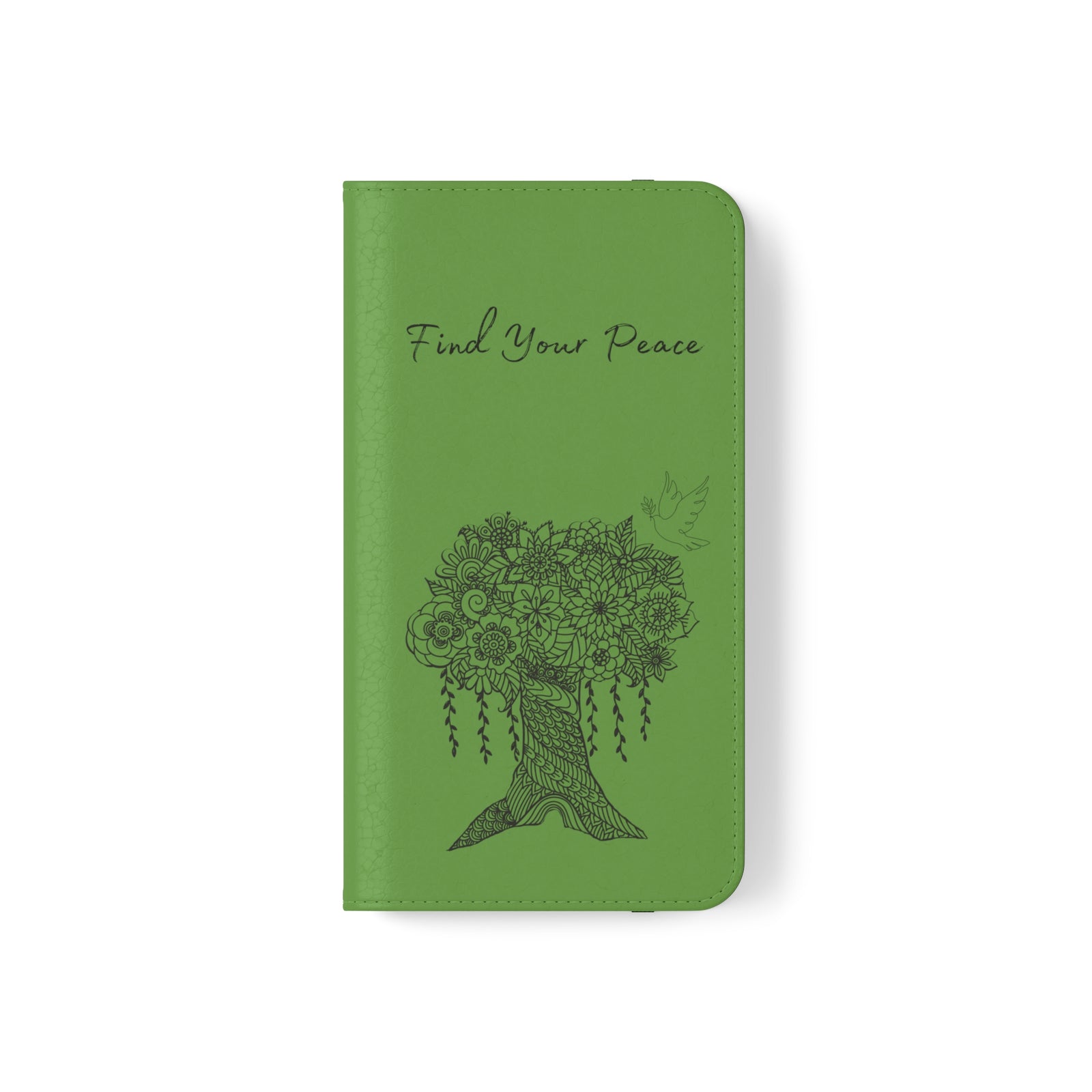 Phone Flip faux leather case with pockets and card storage. Peace Tree Mandala design-Green