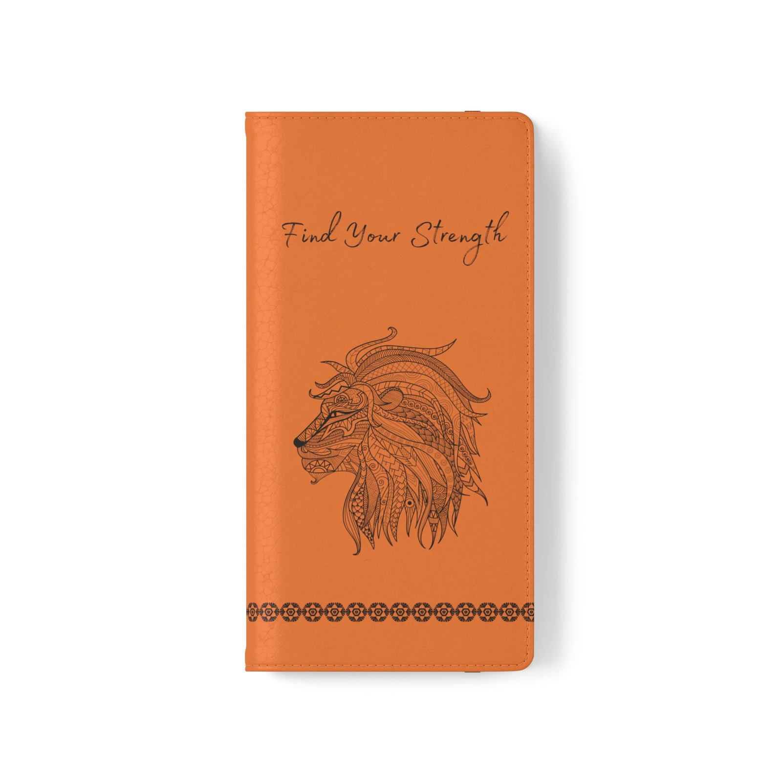 Phone Flip faux leather case with pockets and card storage. Strength lion Mandala design-orange