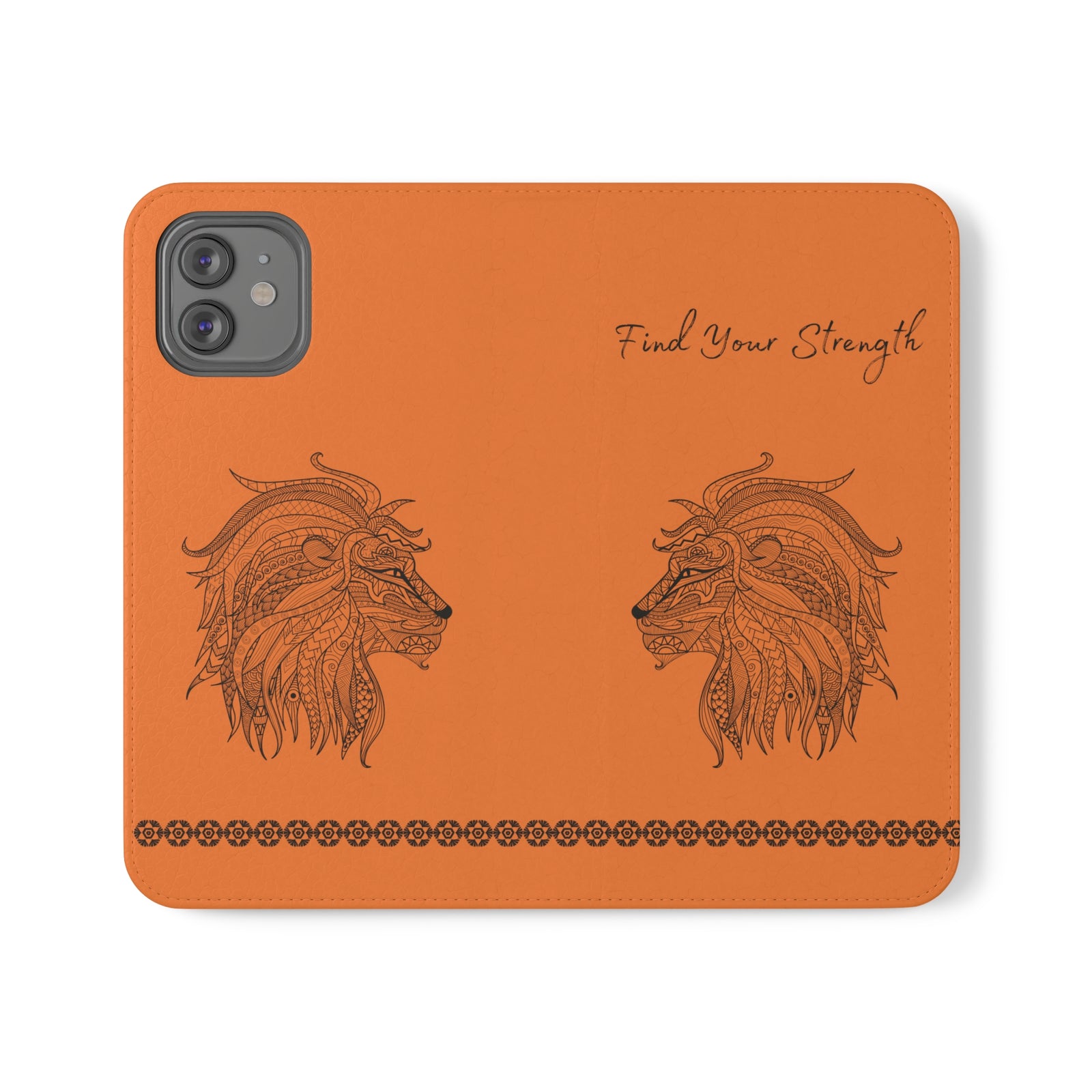 Phone Flip faux leather case with pockets and card storage. Strength lion Mandala design-orange