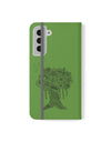 Phone Flip faux leather case with pockets and card storage. Peace Tree Mandala design-Green