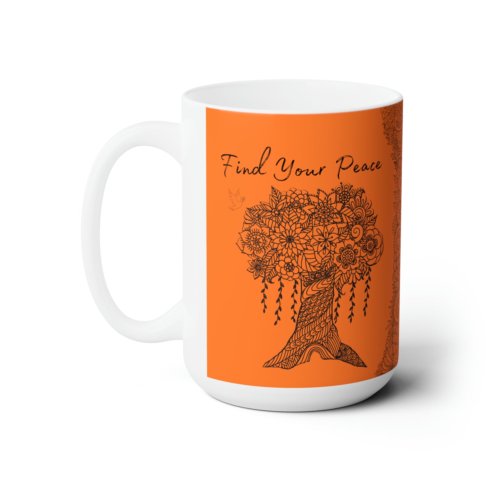 Find your Peace mandala tree orange background **Ceramic Mug 15oz