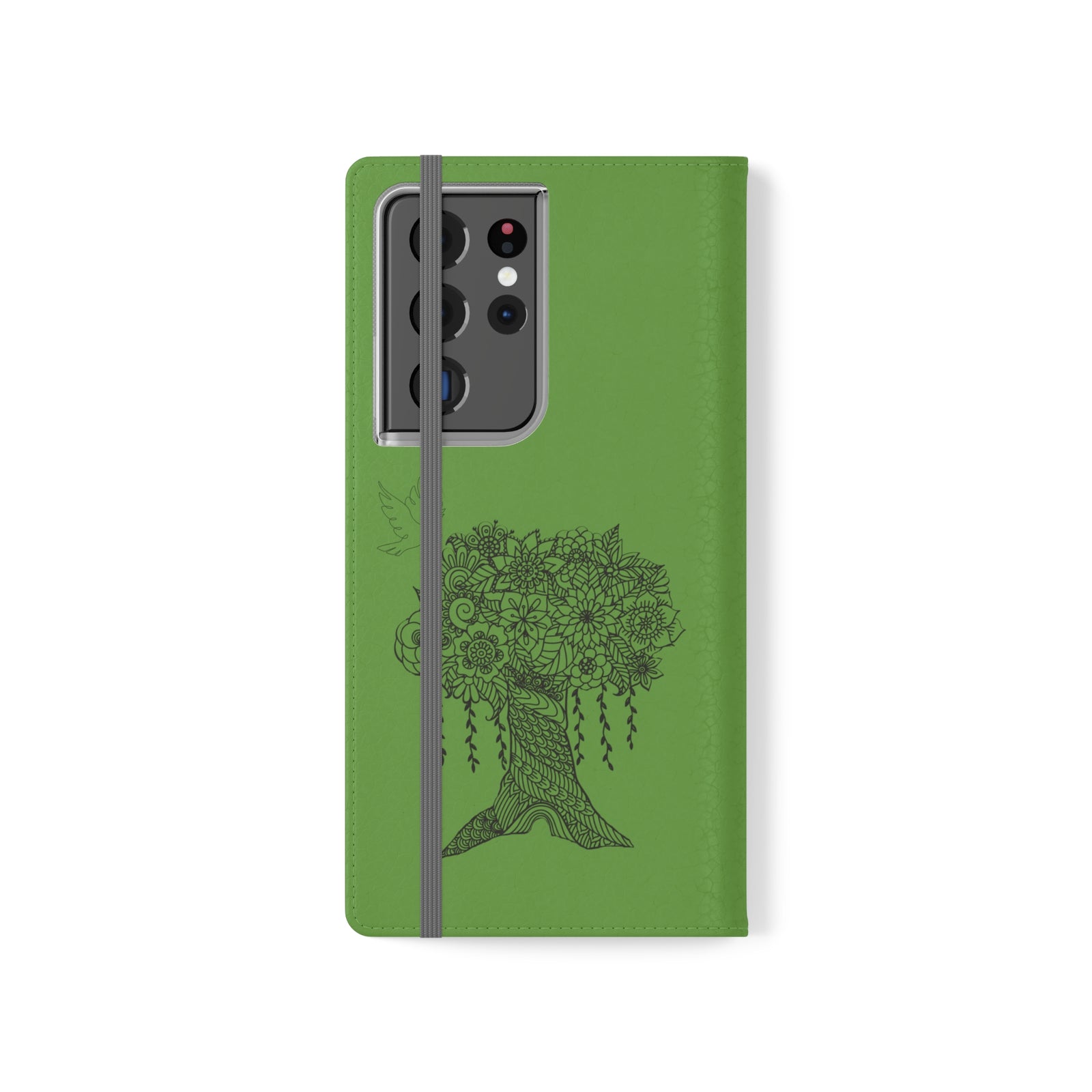 Phone Flip faux leather case with pockets and card storage. Peace Tree Mandala design-Green