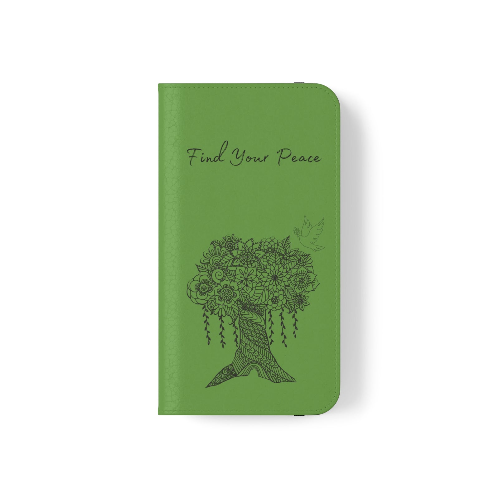 Phone Flip faux leather case with pockets and card storage. Peace Tree Mandala design-Green