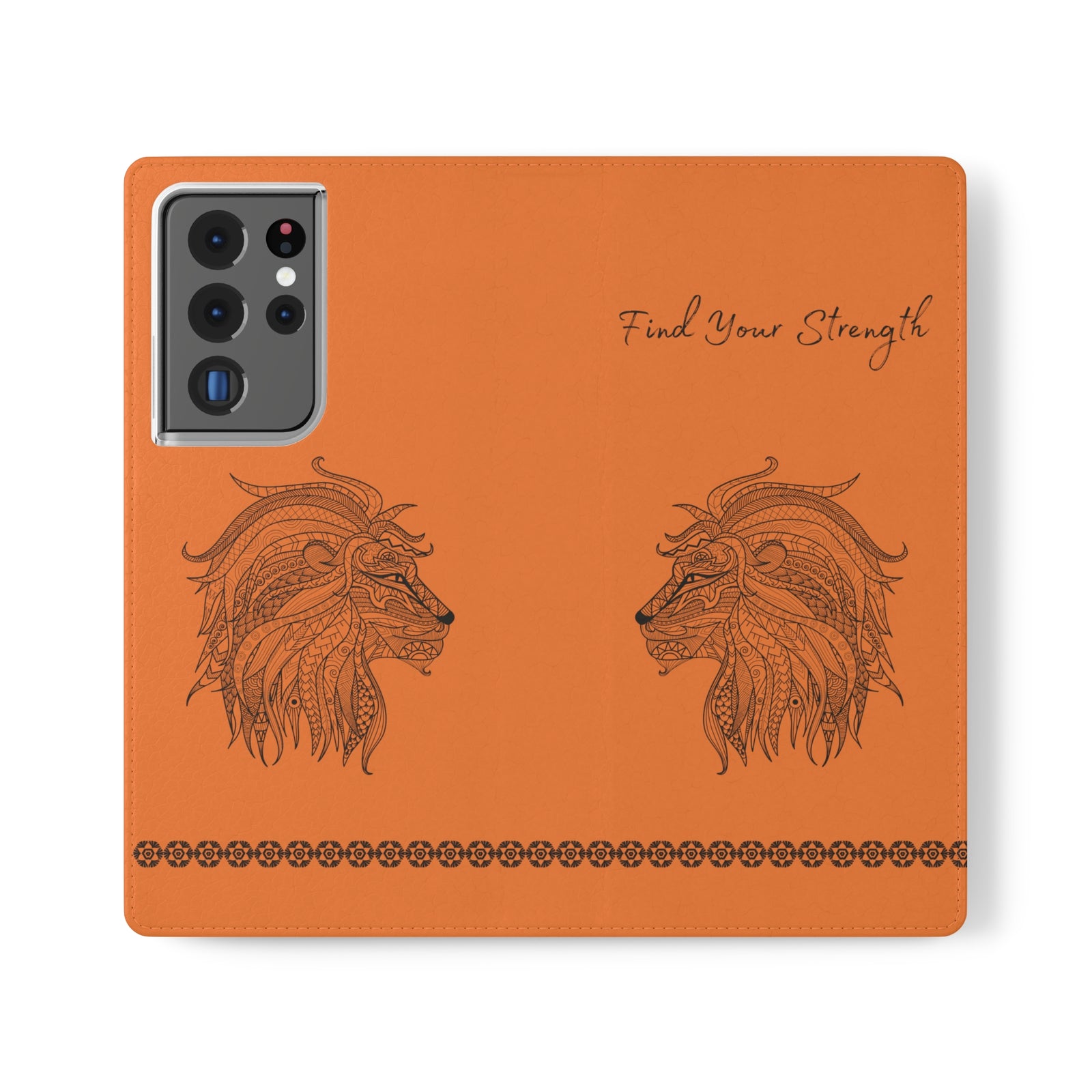 Phone Flip faux leather case with pockets and card storage. Strength lion Mandala design-orange