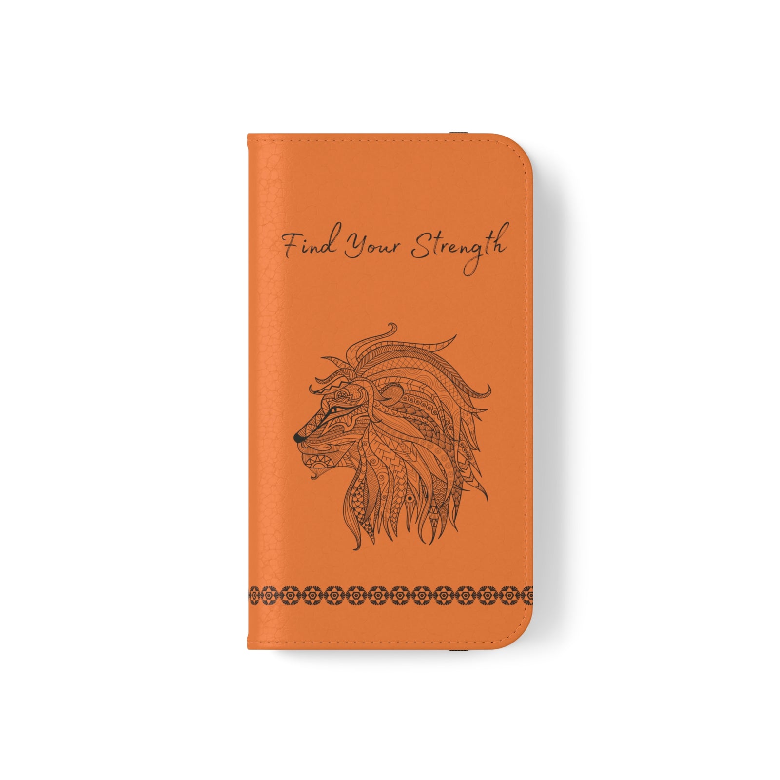 Phone Flip faux leather case with pockets and card storage. Strength lion Mandala design-orange