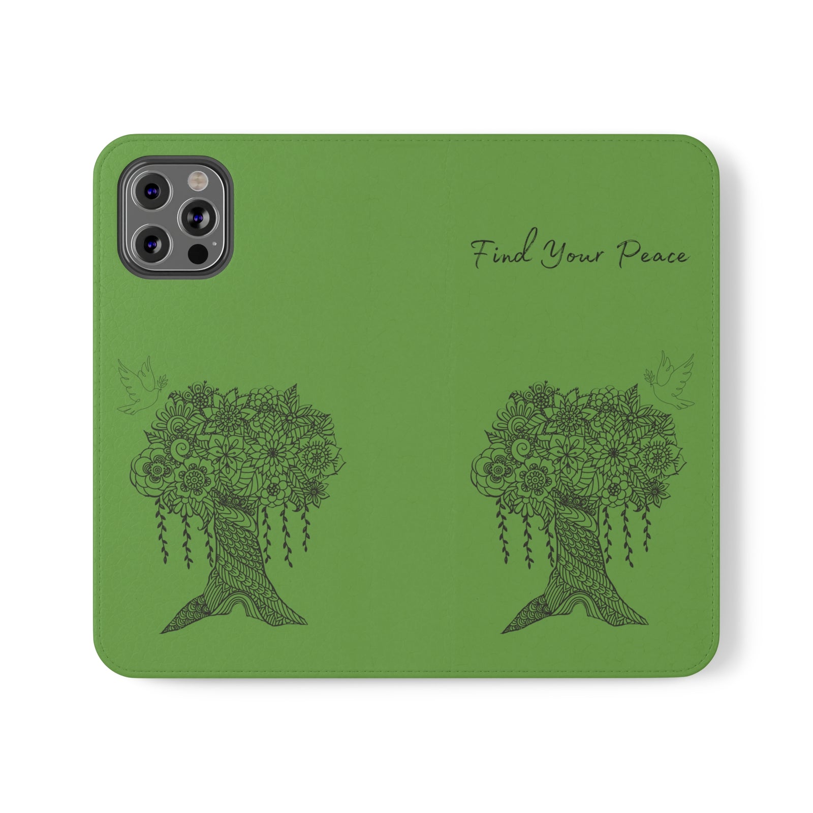 Phone Flip faux leather case with pockets and card storage. Peace Tree Mandala design-Green