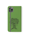 Phone Flip faux leather case with pockets and card storage. Peace Tree Mandala design-Green