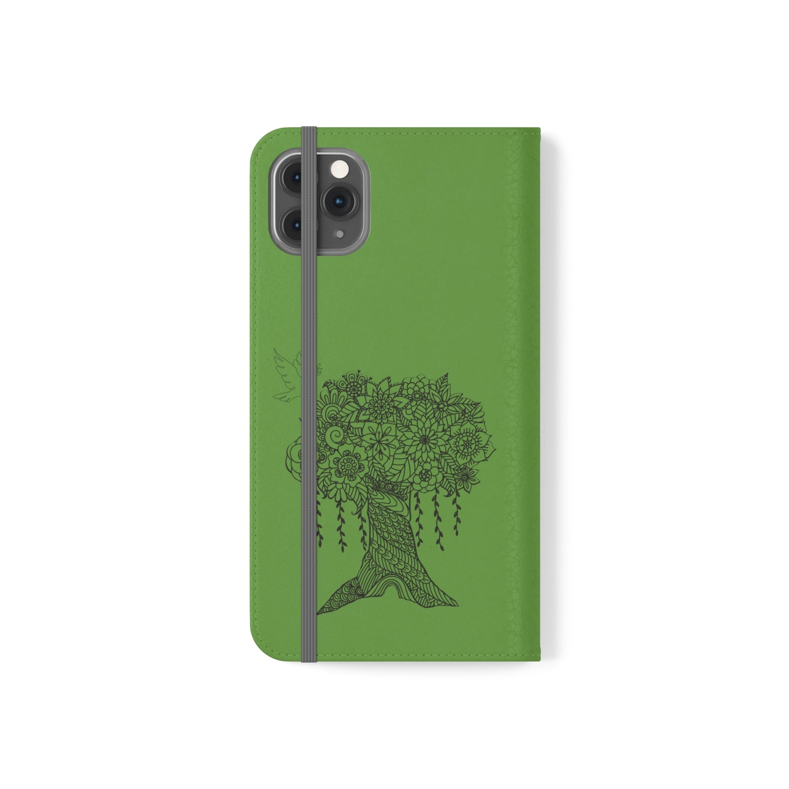 Phone Flip faux leather case with pockets and card storage. Peace Tree Mandala design-Green