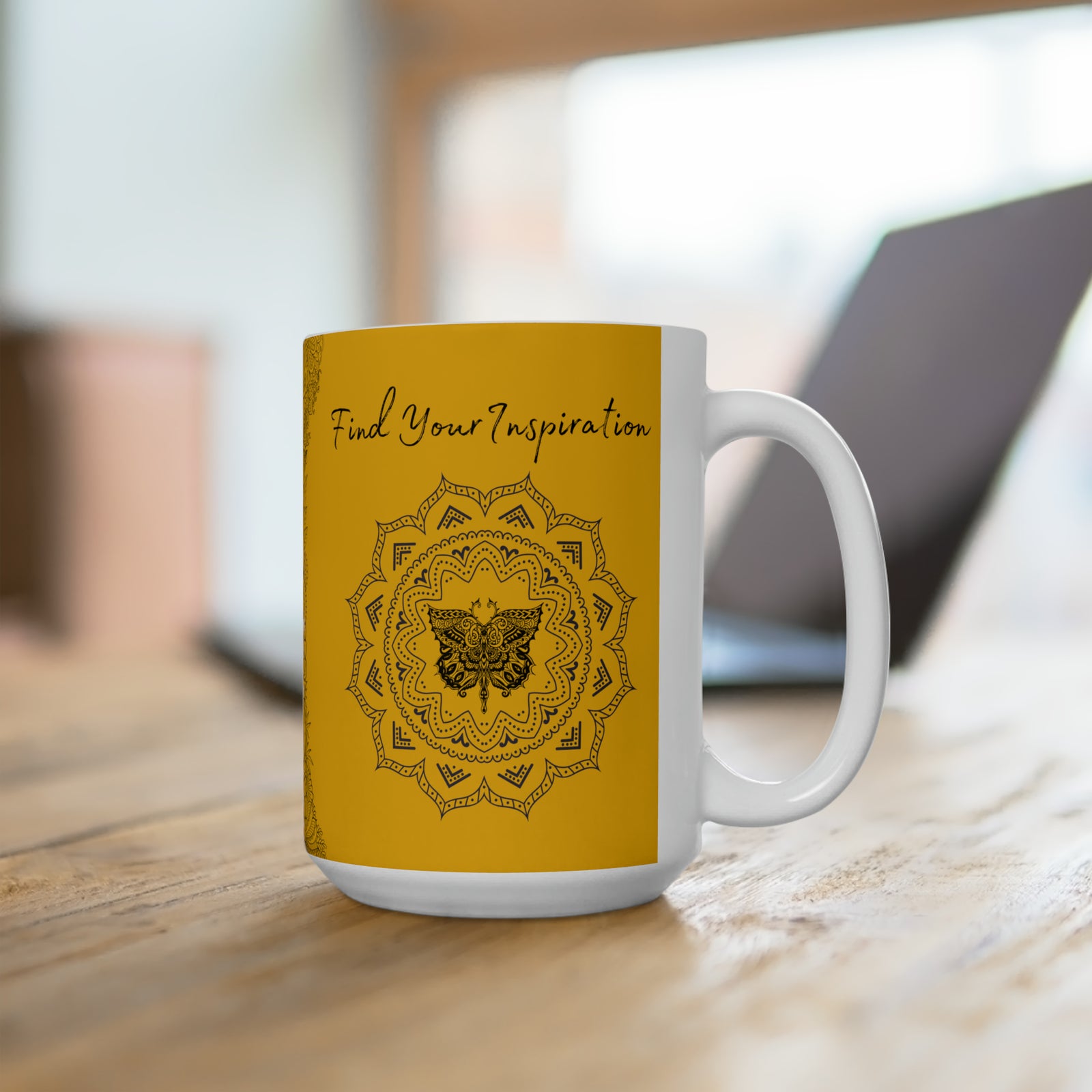 Find your Inspiration butterfly mandala Yellow background **Ceramic Mug 15oz