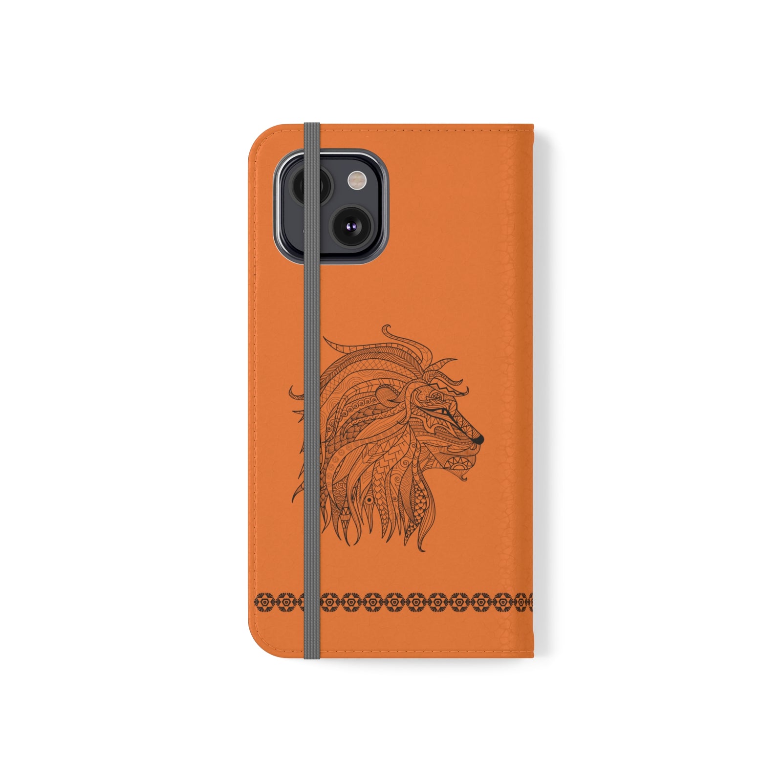 Phone Flip faux leather case with pockets and card storage. Strength lion Mandala design-orange