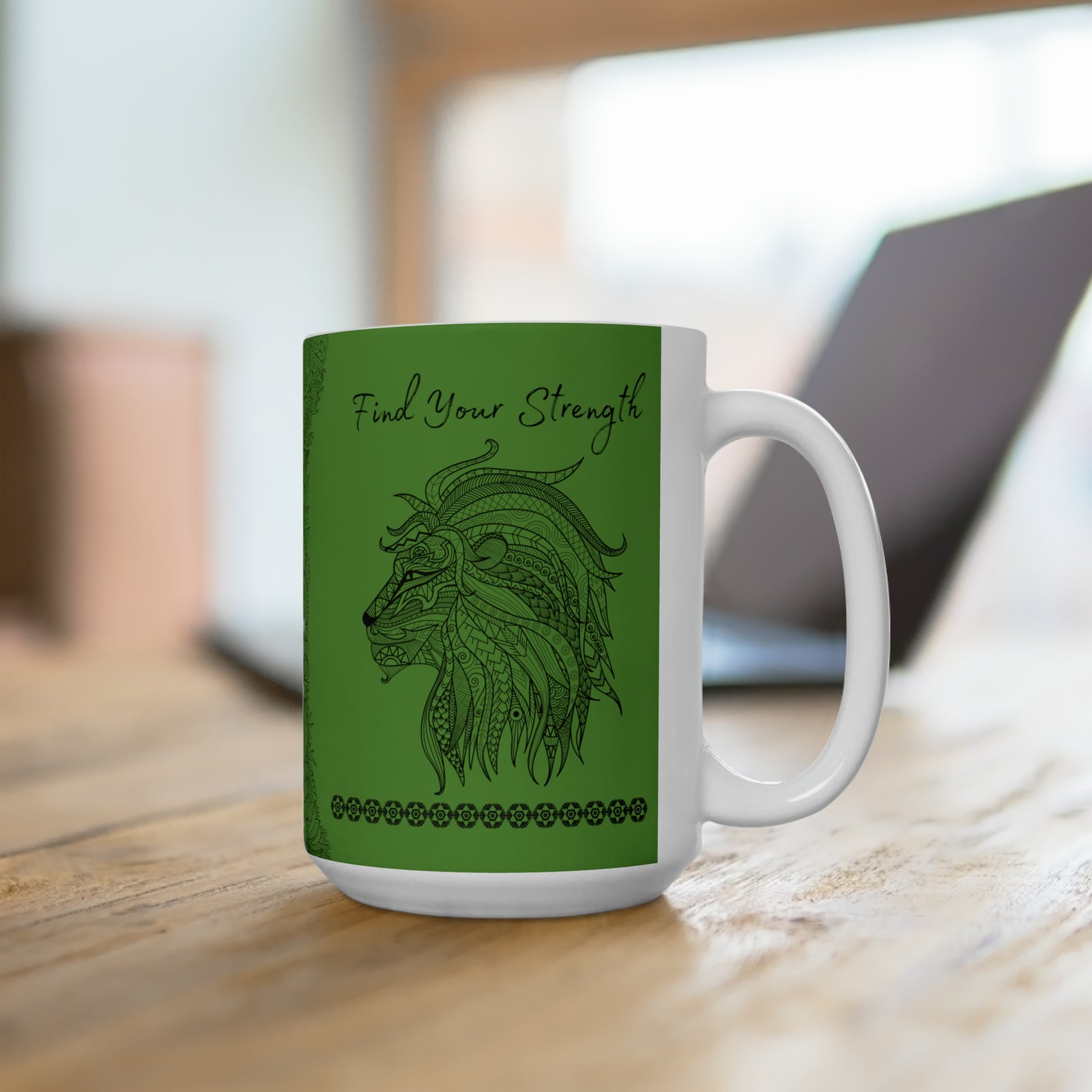 Find your Strength Lion mandala Green background **Ceramic Mug 15oz