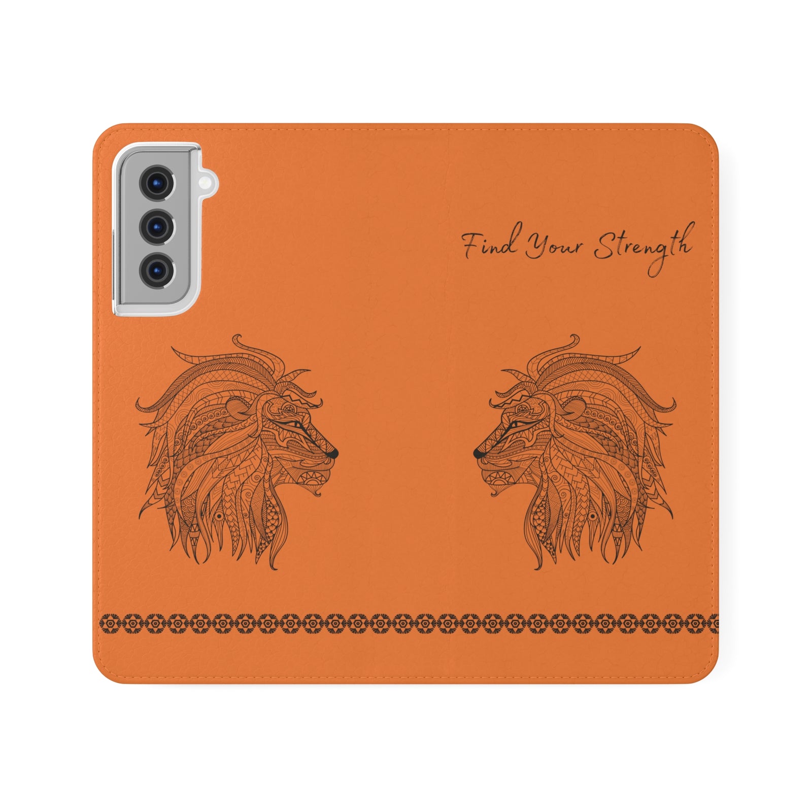 Phone Flip faux leather case with pockets and card storage. Strength lion Mandala design-orange