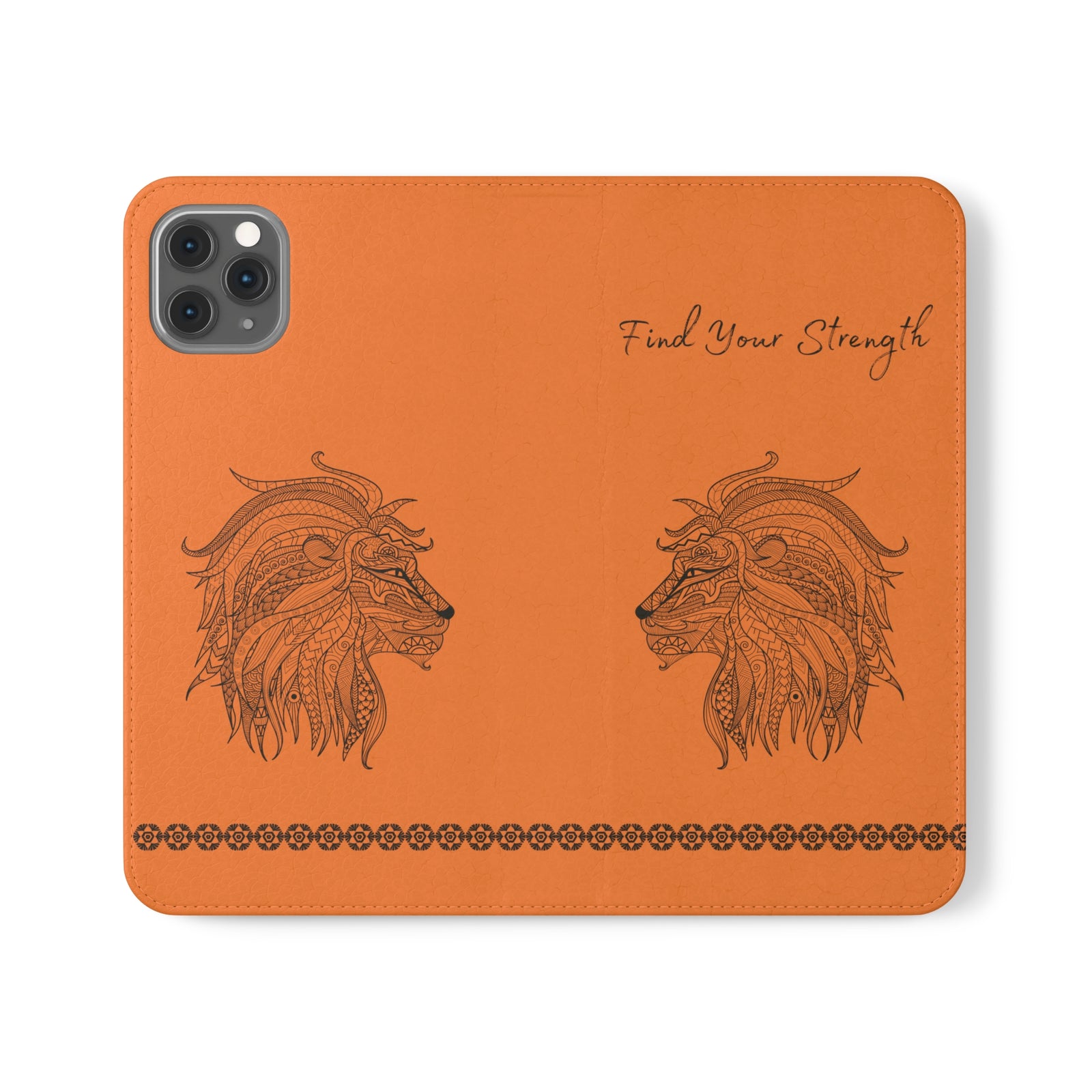 Phone Flip faux leather case with pockets and card storage. Strength lion Mandala design-orange