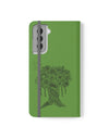 Phone Flip faux leather case with pockets and card storage. Peace Tree Mandala design-Green