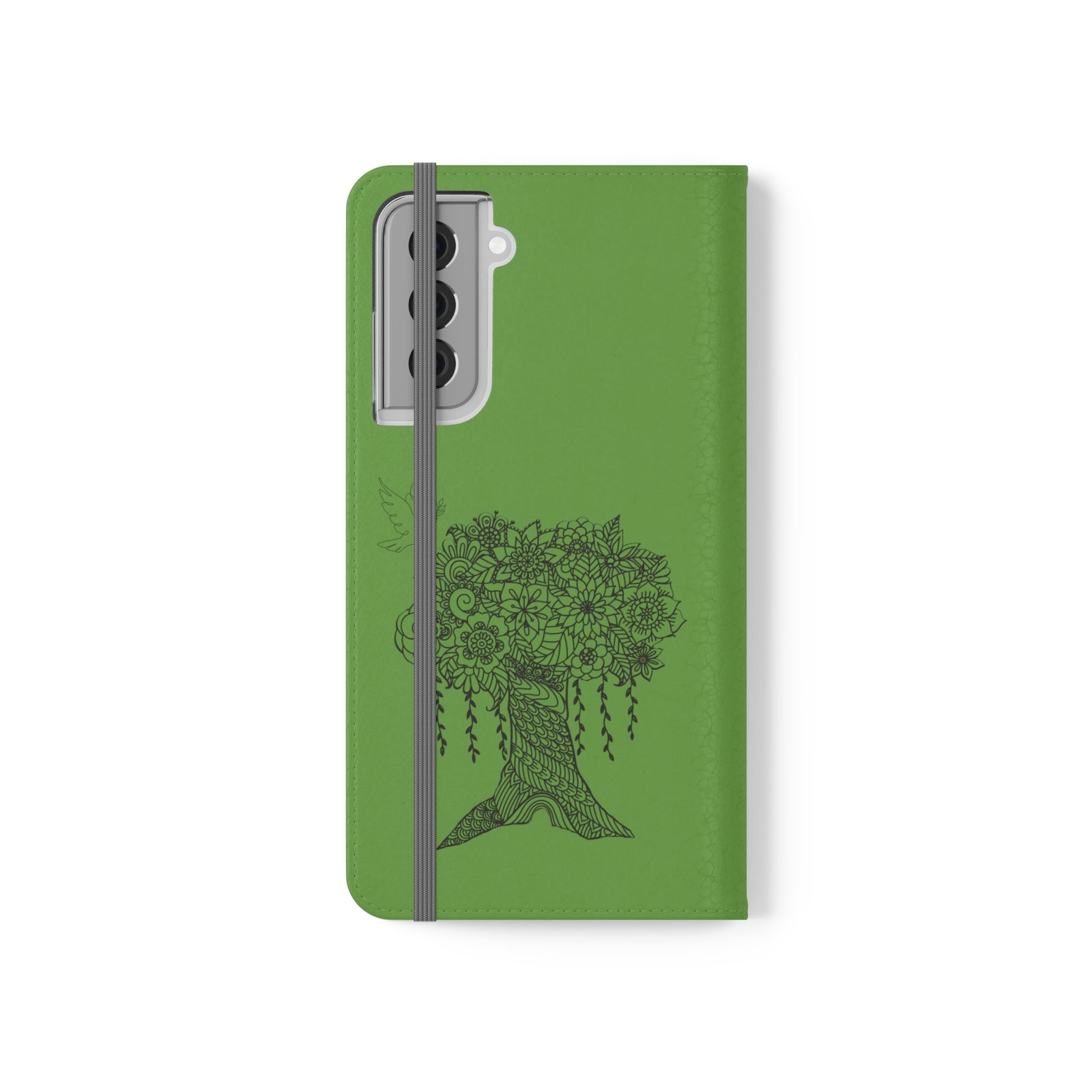 Phone Flip faux leather case with pockets and card storage. Peace Tree Mandala design-Green