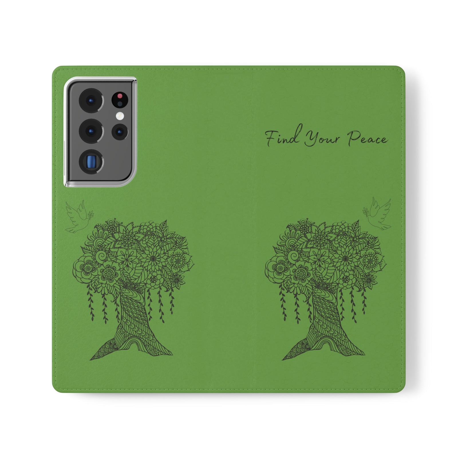 Phone Flip faux leather case with pockets and card storage. Peace Tree Mandala design-Green