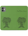 Phone Flip faux leather case with pockets and card storage. Peace Tree Mandala design-Green