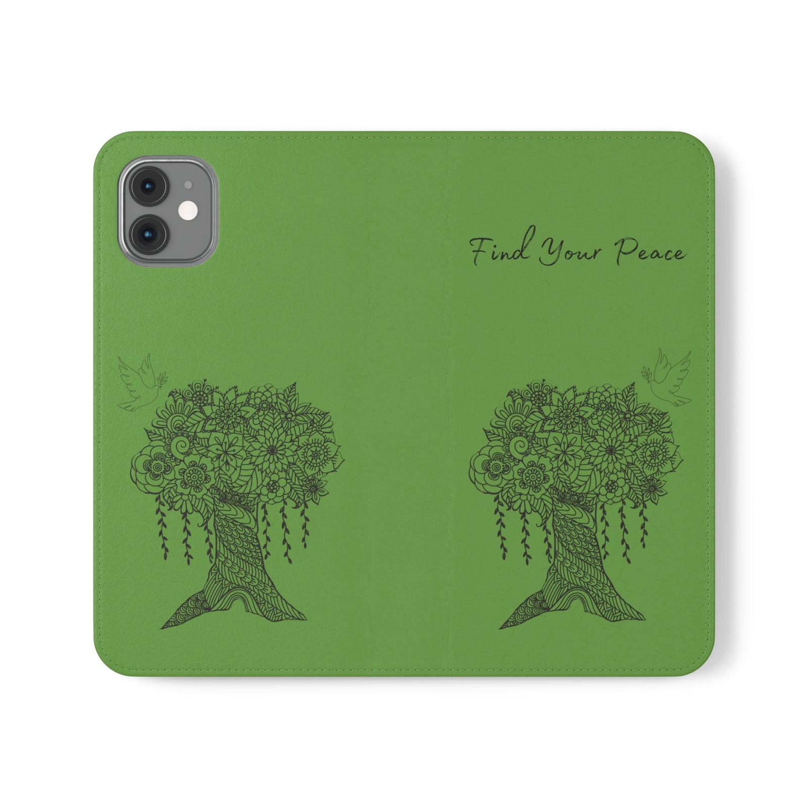 Phone Flip faux leather case with pockets and card storage. Peace Tree Mandala design-Green