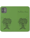 Phone Flip faux leather case with pockets and card storage. Peace Tree Mandala design-Green