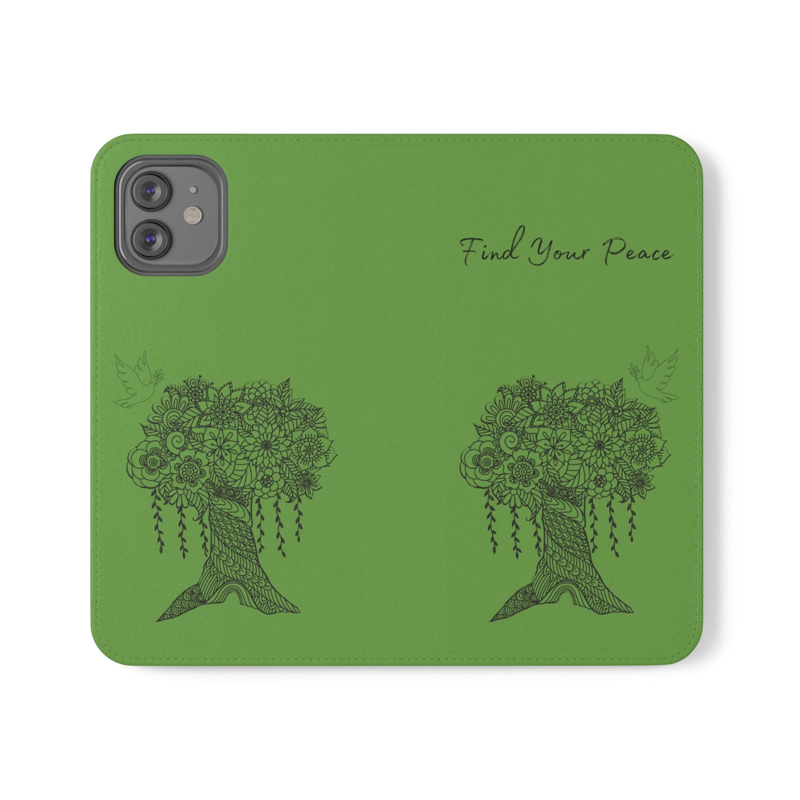 Phone Flip faux leather case with pockets and card storage. Peace Tree Mandala design-Green