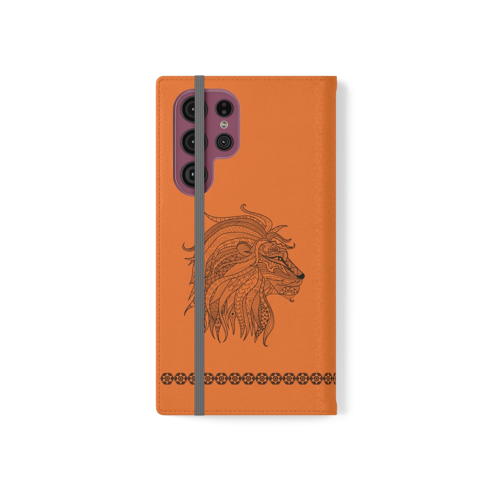 Phone Flip faux leather case with pockets and card storage. Strength lion Mandala design-orange