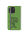 Phone Flip faux leather case with pockets and card storage. Peace Tree Mandala design-Green