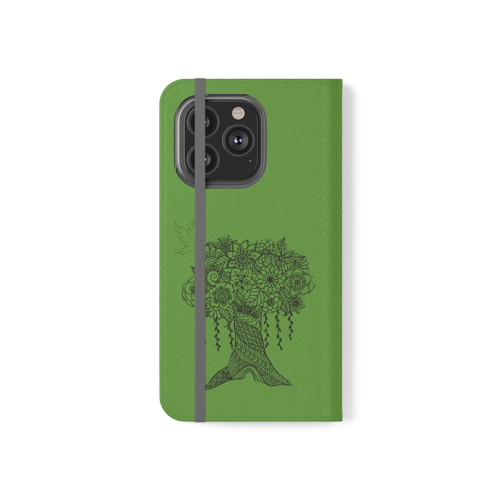 Phone Flip faux leather case with pockets and card storage. Peace Tree Mandala design-Green