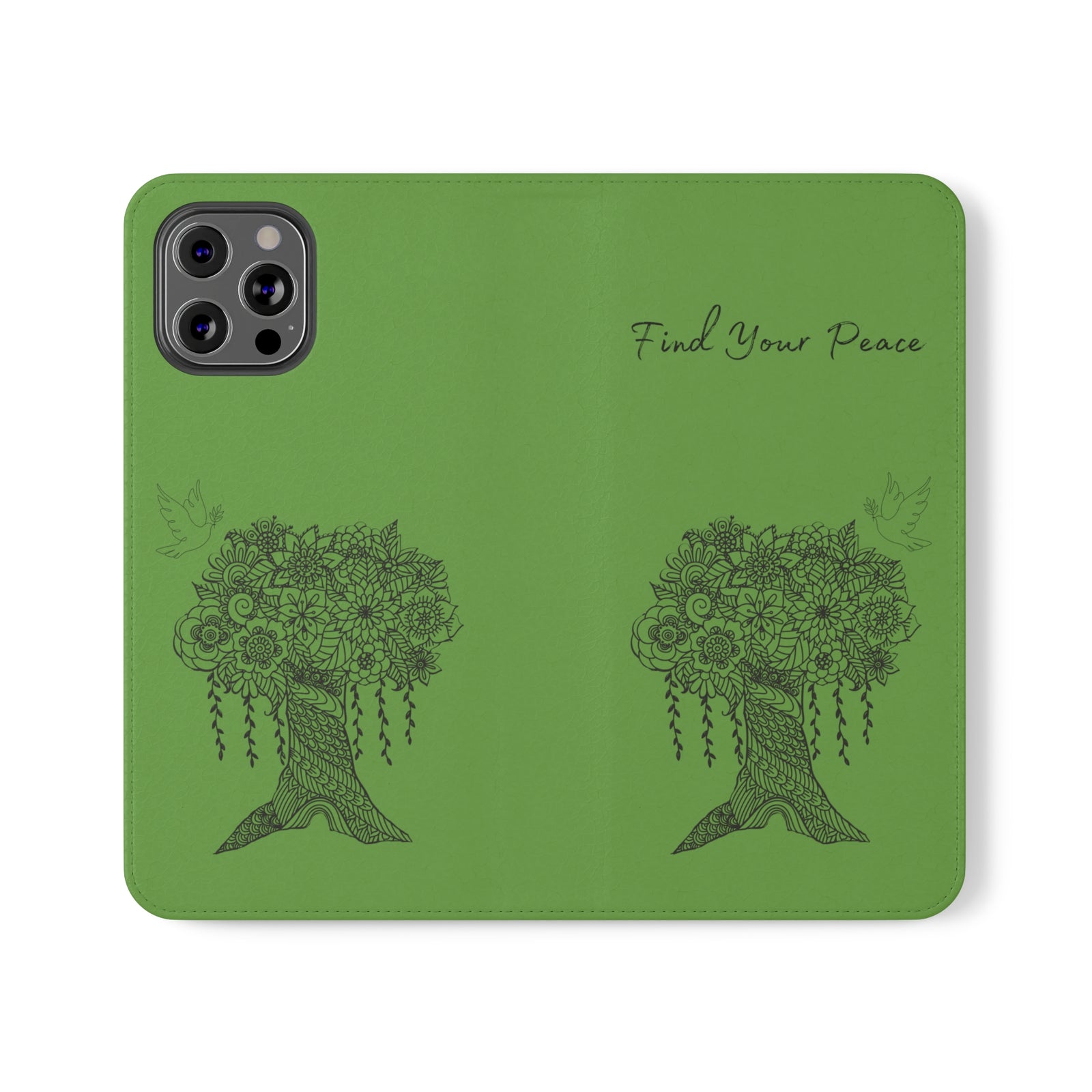 Phone Flip faux leather case with pockets and card storage. Peace Tree Mandala design-Green