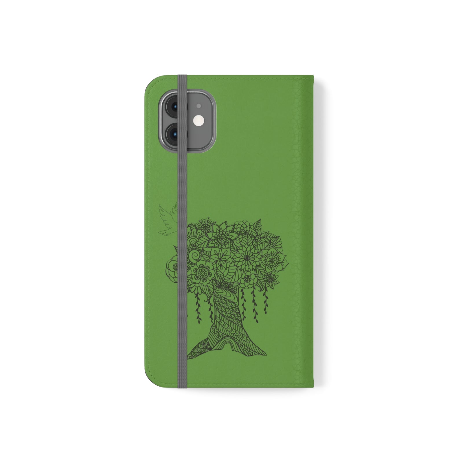 Phone Flip faux leather case with pockets and card storage. Peace Tree Mandala design-Green