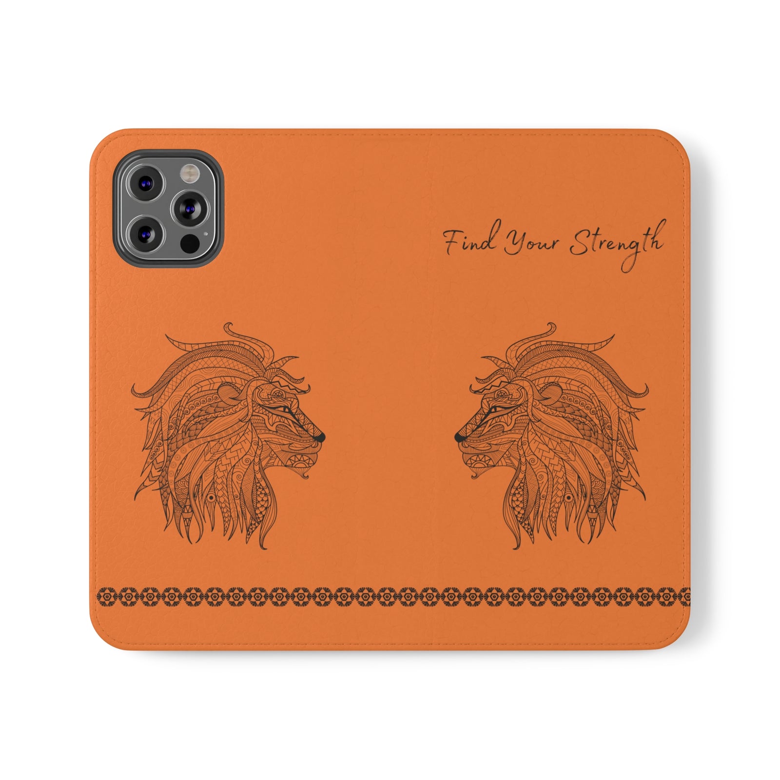 Phone Flip faux leather case with pockets and card storage. Strength lion Mandala design-orange