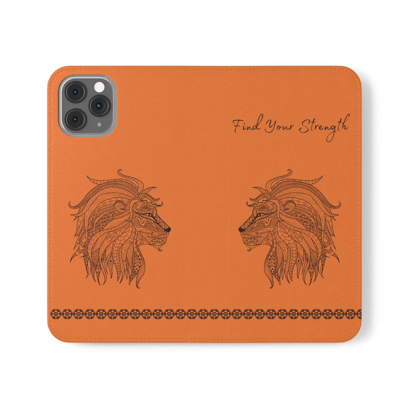 Phone Flip faux leather case with pockets and card storage. Strength lion Mandala design-orange