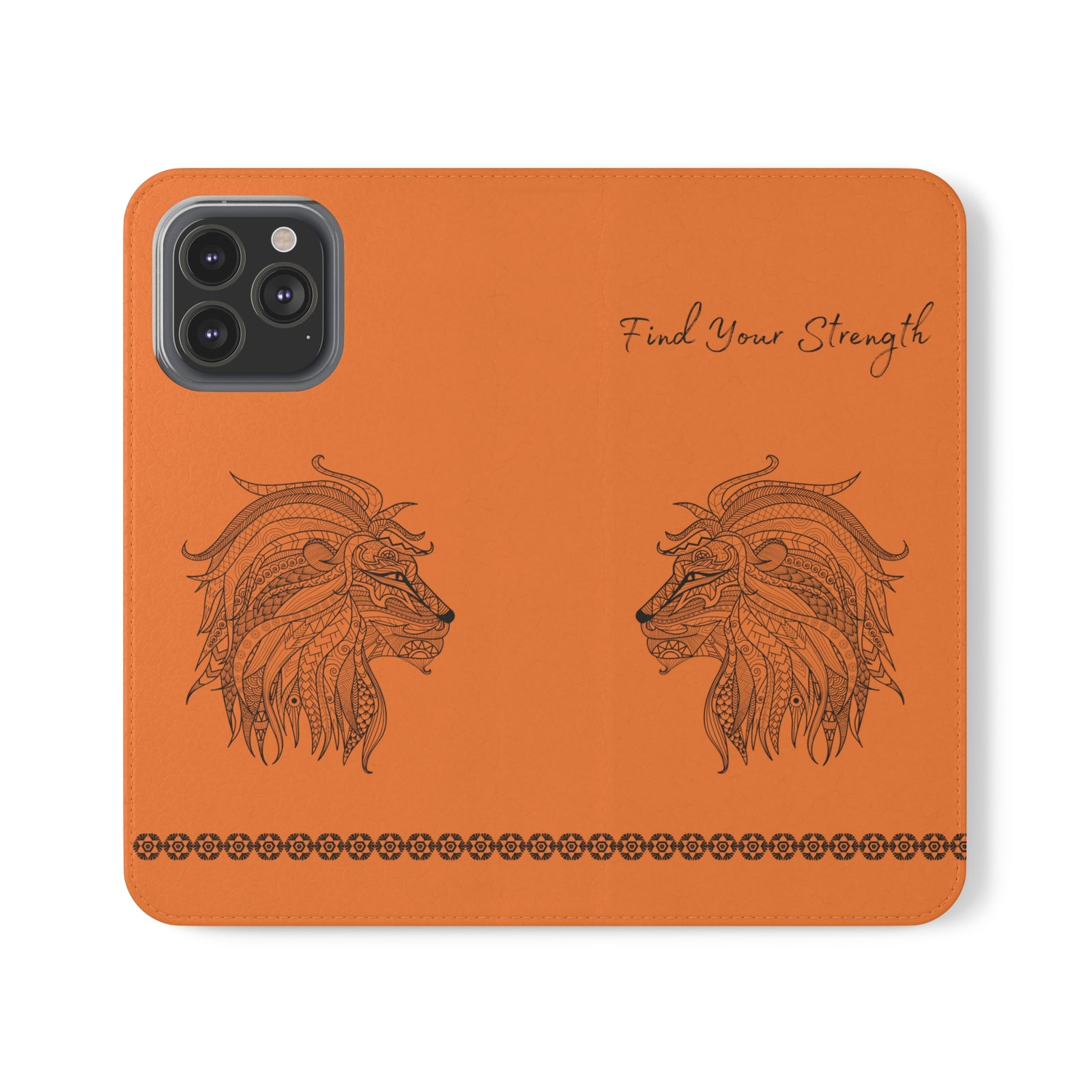 Phone Flip faux leather case with pockets and card storage. Strength lion Mandala design-orange